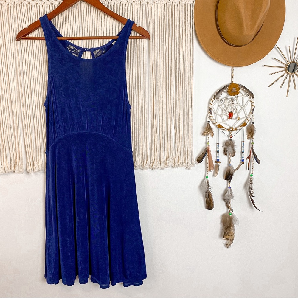 Free People Navy Sleeveless Muted Floral Lace Keyhole Back Mini Dress Small